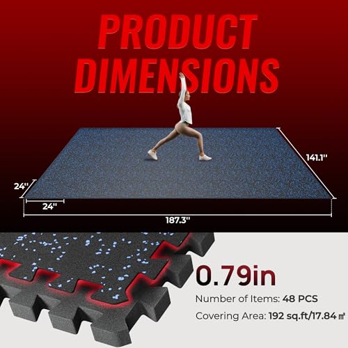 Image of SUPERJARE 0.79'' Extra-Thick Exercise Equipment Mats, 48 Pcs 192 Sq Ft Rubber Top Floor Tiles with High Density EVA Foam, Interlocking Gym Flooring for Home Gym, Workout Mat, Black /Blue
