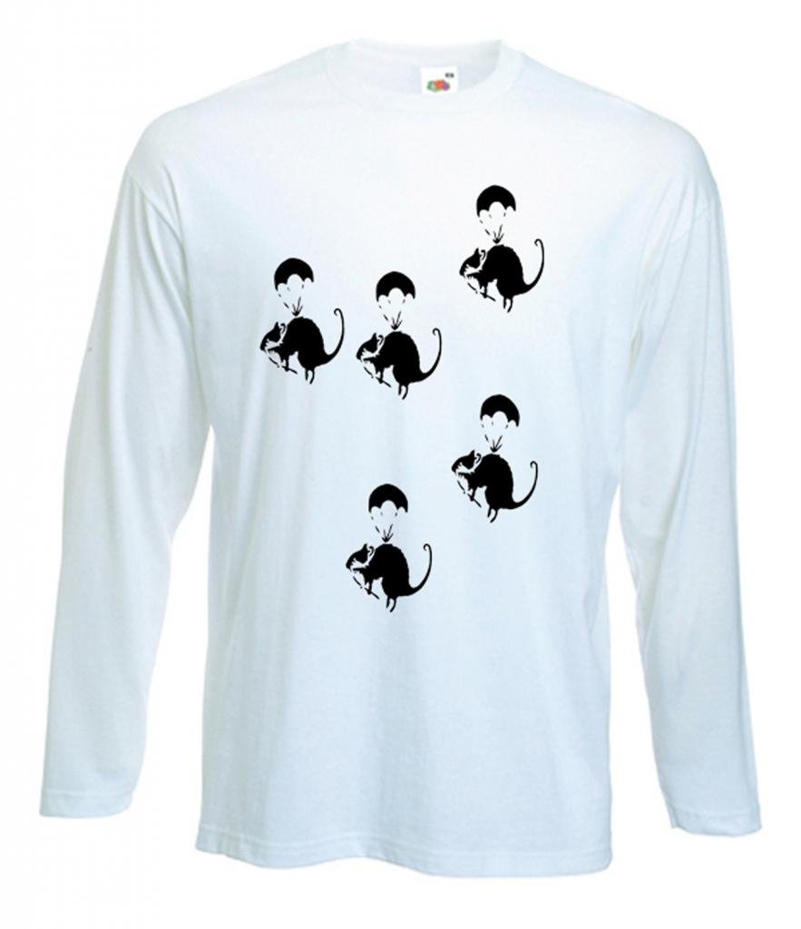 Tribal T-Shirts Mens Banksy Parachute Rat Long Sleeve T-Shirt (Medium, White)