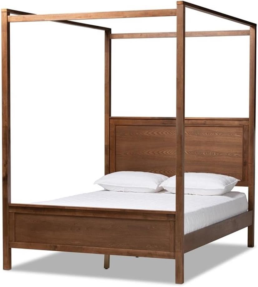 BOWERY HILL Queen Size Wood Platform Canopy Bed, Walnut Finish, Rubberwood and MDF Construction, Tall Beams for Drapes, Inset Paneling, 87.3 in Canopy Height, No Box Spring Needed, Bedroom Furniture