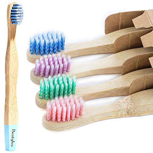 Bestylez Kids Bamboo Toothbrushes, Extra Soft Toddler Color Safe Spiral Bristle Suitable for Age 3+ Child, Natural Wooden Handle, Promotes Oral and Gum Health