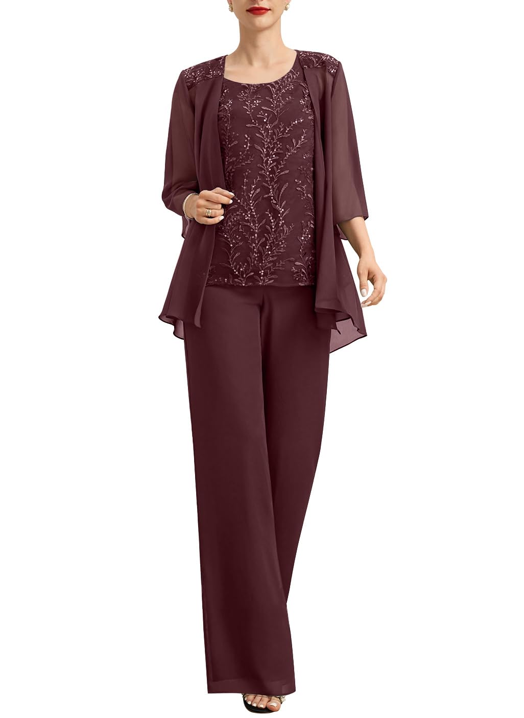 Womens 3 Pcs Mother of The Bride Pantsuits with Jacket Lace Applique Formal Pant Suit with Sleeves