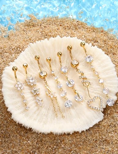 LOLIAS 7 Pcs 14G Dangle Belly Button Rings for Women 316L Surgical Steel Curved Navel Barbell Body Jewelry Piercing2