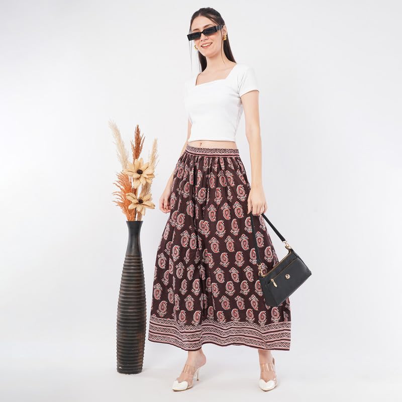 Rabhika Women’s Maroon Patterned Pure Cotton Panel Maxi Skirt, Stylish Ethnic Wear Long Cotton Skirt for Women| 2XL 1