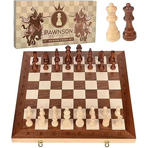 Wooden Chess Set for Kids and Adults – 17 in Staunton Chess Set - Large Folding Chess Board Game Sets - Storage for Pieces | Wood Pawns - Unique E-Book for Beginner - 2 Extra Queens Cover
