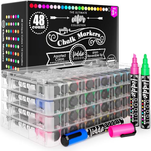 Image of Loddie Doddie Chalk Markers - Pack of 48, 6mm Reversible Tips - Liquid Chalk Pens for Glass & Windows - Dry Erase Chalkboard Markers for Blackboard & Calendars - Non-Toxic Pens for Art & Decor