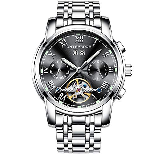 RORIOS Moda Business Hombres Automático Mecánico Tourbillon Relojes de Pulsera Acero Inoxidable Correa Luminoso Puntero Calendario Multifunción