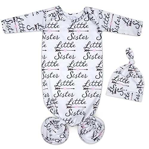 Image of Mikccer Baby Newborn Knotted Gown 0-6 Months, Soft Breathable Sleeper Gowns, Babies Girl Coming Home Outfit Infant Little Sister Nightgowns with Hat Set