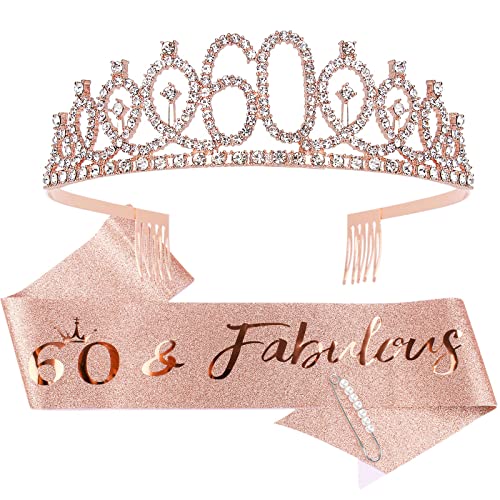 CIEHER 60th Birthday Gifts for Women - Crown Fabulous Sash Decorations and Cake Topper
