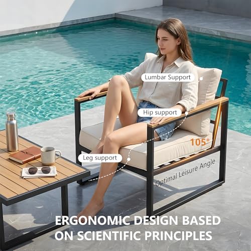 Image of Modern Patio Furniture Set, 4 Pieces Outdoor Conversation Set with Coffee Table, Metal Patio Furniture with 4 inch Washable Foam Cushions, Ships in 1 Box, Beige