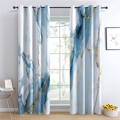 Luxfieo Marble Blackout Curtains for Living Room Bedroom - 90 Inch Drop Curtains 90x90, Blue White and Gold Modern Patterned Window Treatments, Thermal Eyelet Drapes 2 Panels Q#150