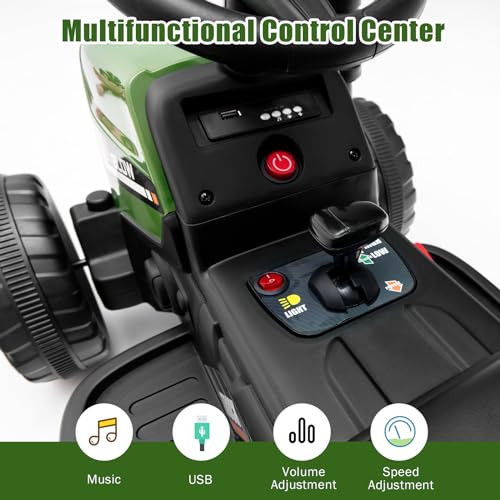 Image of Costzon Ride on Tractor with Detachable Trailer, Kids' Electric Vehicles w /3-Gear-Shift Ground Loader, Wireless Design & USB, 7 LED Headlights, Remote Control Tractor Toy for Kids 3+ (12V, Dark Green)