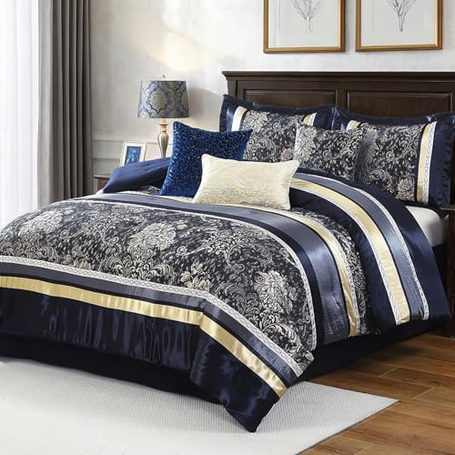 Image of CozyDH 7-Piece Navy Blue Comforter Set King - Luxury Jacquard Damask Vintage Floral Gold Striped Bed in a Bag, All Season Down Alternative Bedding with Bed Skirt, Shams, Decorative Pillows, 104x90 in