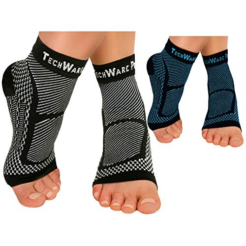 TechWare Pro Ankle Brace Compression Sleeve - Relieves Achilles Tendonitis, Joint Pain. Plantar Fasciitis Sock with Foot Arch Support. 2 Pair Bundle Black & Blue L/XL Size