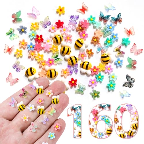 160 Stücke mit Miniaturblumen Schmetterlingen und Bienen Bunte Schmetterling Deko und Farbenfrohe Blüten – Ideal für Miniatur Garten Miniatur Zubehör und Kreative DIY-Nageldesigns