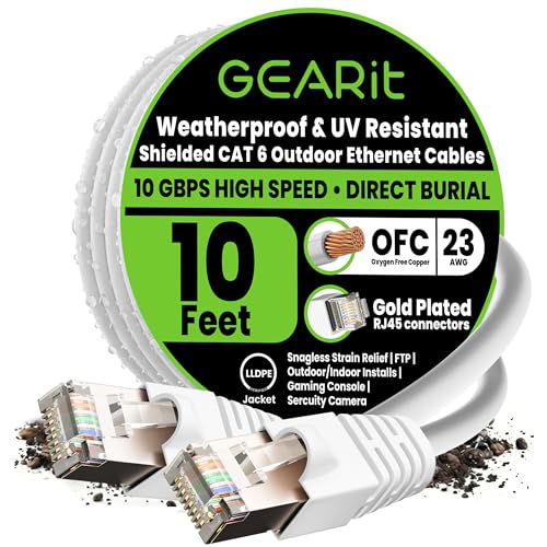 GEARit Cat6 Outdoor Ethernet Cable (10ft) 23AWG Pure Copper, FTP, LLDPE, Waterproof, Direct Burial, In-Ground, UV Resistant, POE, Network, LAN, Internet, Cat 6, Cat6 Cable - 10 Feet
