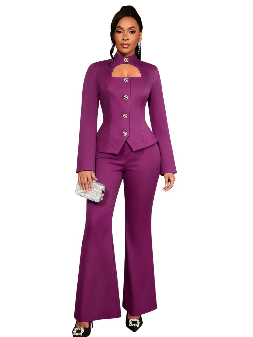 AOMEI 2 Piece Suit Sets for Women Cut Out Button Down Long Sleeve Blazer Top Flare Pants Set