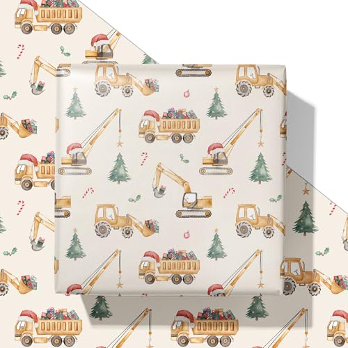 SaringSwoon Construction Christmas Wrapping Paper for Kids - Holiday Wrapping Paper with Dump Trucks Cranes Excavators with Santa Hats & Gifts Christmas Tree - 4028 Inches 4 Folded Sheets