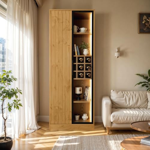 Armario de baño, armario de vitrina con puertas de cristal e iluminación, aparador, bloqueo antivuelco estable, combinación de colores gris claro y madera (60 x 35 x 160 cm)