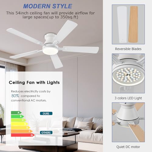 Image of Ayaoty 54 inch Ceiling Fans with Lights and Remote, Low Profile Ceiling Fan with Light, Flush Mount, Reversible, 3CCT, Dimmable, Noiseless, White Ceiling Fan for Bedroom, Indoor /Outdoor Use