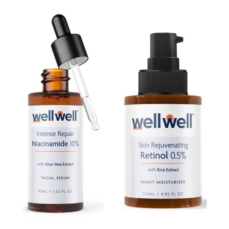 Image of wellwell Niacinamide 10% Serum, 45ml |Retinol 0.5% Night Cream, 120g |Treats Blemishes, Acne Scars, Hyperpigmentation, Dark Spots, Brightens Skin Tone & Improves Skin Texture For all Skin Types