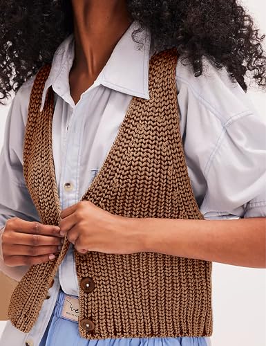 Image of SKIKYAN Womens Casual Knit Sweater Vest Button Down Sleeveless Crochet Crop Short Cardigans(Brown-XS)