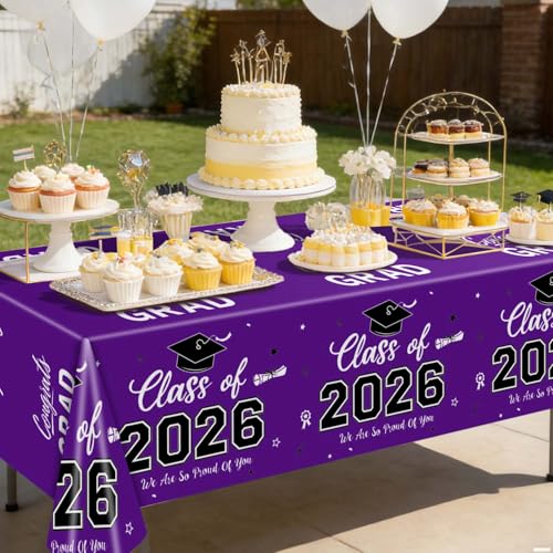 Image of Oigco 2026 Graduation Decorations, 2 Pack Purple Graduation Tablecloths Class of 2026, Congrats Grad Plastic Table Cloths for Graduation Party Decorations, 54 x 108 Inch