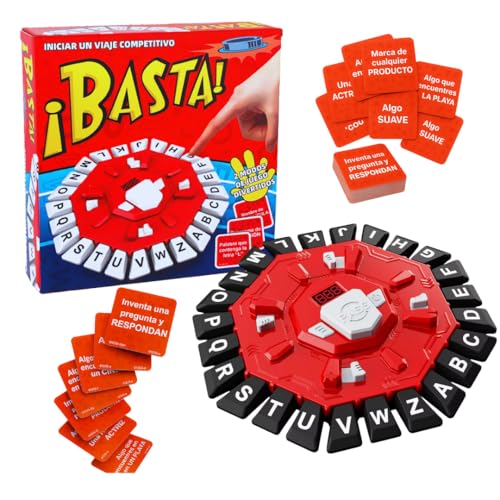 ¡BASTA! Juego de Mesa en Español, 2 Modos de Juego, Diseño Octogonal con 24 Letras, Juego de Palabras, Incluye 35 Cartas con 140 Categorías, Ideal para Niños y Adultos (Rojo y Negro)