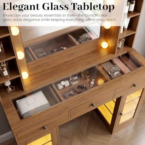 Image of Wodeer Makeup Vanity Desk with Mirror and Lights, Vanity with Glass Top, LED Lights & Power Outlet, 3 Drawers & 2 RGB Glass Cabinets, Adjustable Lighted Dressing Table for Women & Girls Bedroom,Walnut