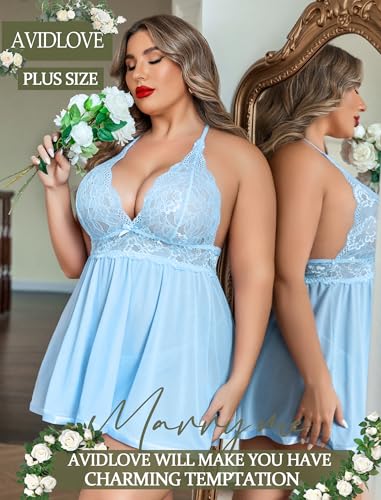 Image of Avidlove Women Plus Size Babydoll Lingerie Lace Chemise Mesh Sleepwear | Sexy Plus-sized Teddies V Neck Sheer Mesh Lace Babydoll Lingerie Dress Teddy Chemise Nighty Sleepwear L-5XL