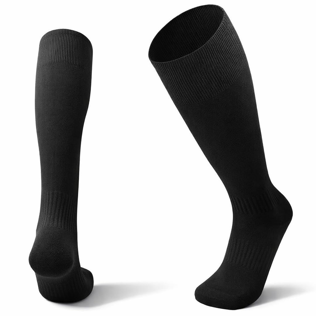 1STLY FITNESS - Socks Knee High 1 Pair Large SIZE 7-13, EU38 - EU44 Adults Soccer Football Hockey Rugby Sports Sweat Wicking Slip Proof Plain Colours (Black)