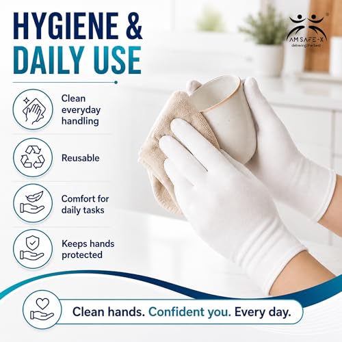 Image of AM Safe-X Premium White Cotton Gloves for Men & Women | Lightweight Breathable Knitted Gloves | Soft Stretch Fit | Reusable Hand Protection for Driving, Gardening, Warehouse & General Use | 2 Pair