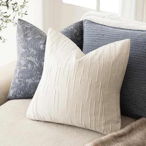 Image of Foindtower Pack of 2 Slubby Textured Chenille Throw Decorative Pillow Covers Square Accent Solid Cushion Cover Cozy Soft Farmhouse Pillow Case for Couch Sofa Bedroom Living Room 22x22 Inch,Cream White