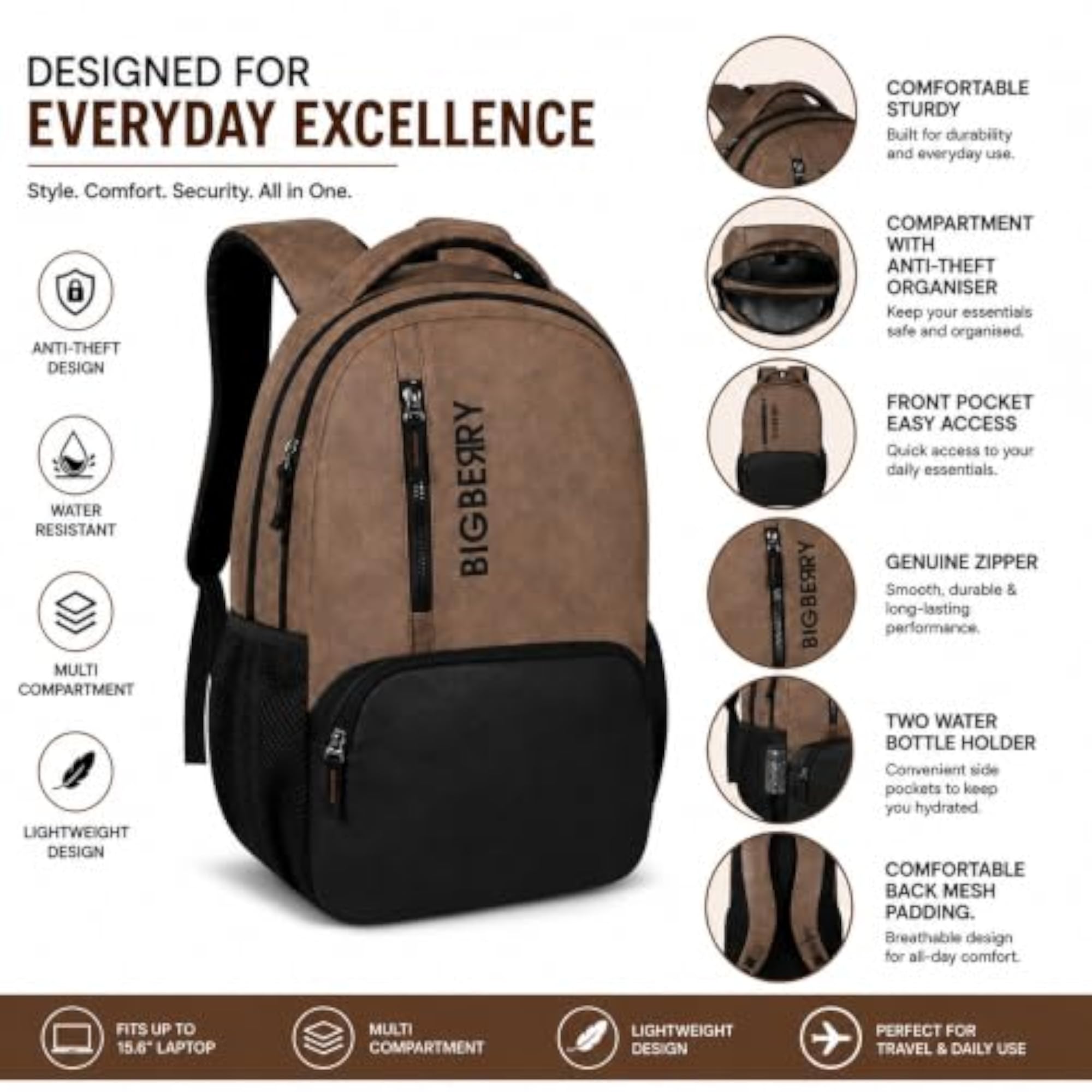 Faux Leather Laptop Backpack for Men & Women, Water Resistant