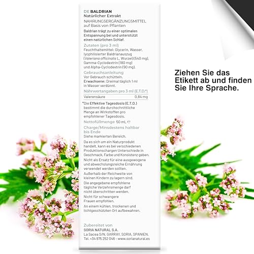 Baldrian Tropfen Hochdosiert 180mg/ml 50ml - Reduziert Stress & Unruhe und Unterstützt Besseren Schlaf - Valerian Root Stress Tropfen - Soria Natural