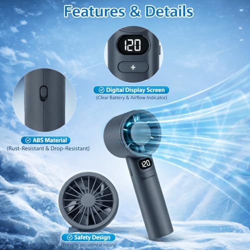 Image of One94Store Handheld Rechargeable Fan, Portable Mini Electric Fan with 1200mAh Battery, 120 Speed Levels with Long-Press Speed Control, Personal Cooling Fan for Travel, Office & Home, Grey