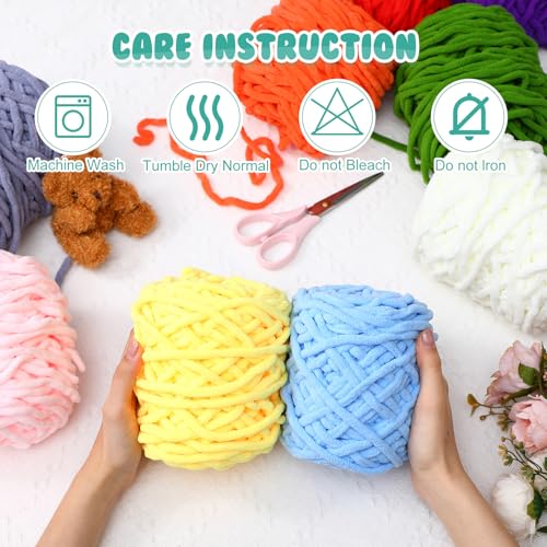 Image of Buryeah Chunky Chenille Yarn for Crocheting Soft Thick Fluffy Yarn for Hand Knitting Bulky Velvet Blanket Plush for Weaving DIY Crafts Each 3.5 oz 55 Yards(Classic Colors,12 Pack)
