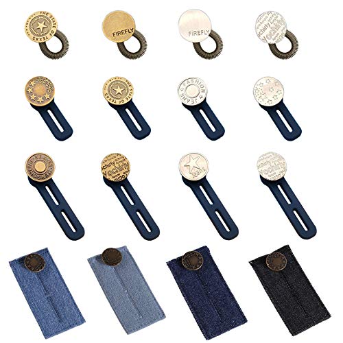 16pcs Waistband Extender and Pant Button Extender, 12pcs Pants Waist Silicone Extender Button and 4pcs Denim for Men Women