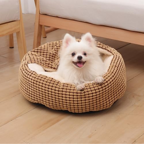 Nyescasa Hundebett Katzenbett mit Kapuze Hundematte Katzenschlafplatz Hundesofa Katzensofa Hundekörbchen Katzenkissen Hundekissen Runde Waschbar Rutschfest für Kleine Hunde Katzen Braun 40*40*22cm