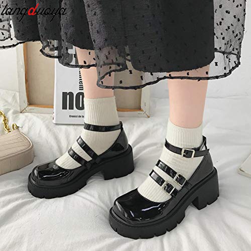 DQS Style Japonais Lolita Chaussures pour Filles Femmes Noir Gothique épaissir collège étudiant Costume Talon Haut Bout Rond Chaussures