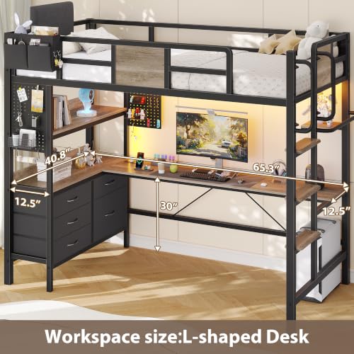 Image of Dnxao Twin Loft Bed with Desk and 5 Storage Drawers,Loft Bed Twin Size with LED Lights and Charging Station, Metal Bunk Bed Frame with Ladder, Clothes Rail,Noise Free,Oak Gray