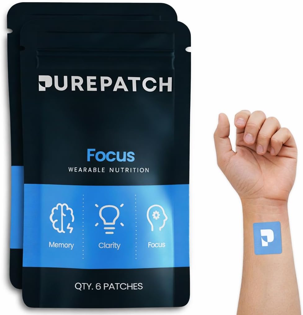 Pure Patch Focus Patch – Plant-Based Vegan Topical Patch – Alpha GPC – Lion’s Mane – L-Tyrosine – Non-Ingestible – Water-Resistant – Gentle on Skin – Gluten Free – Made in USA – 12 Patches