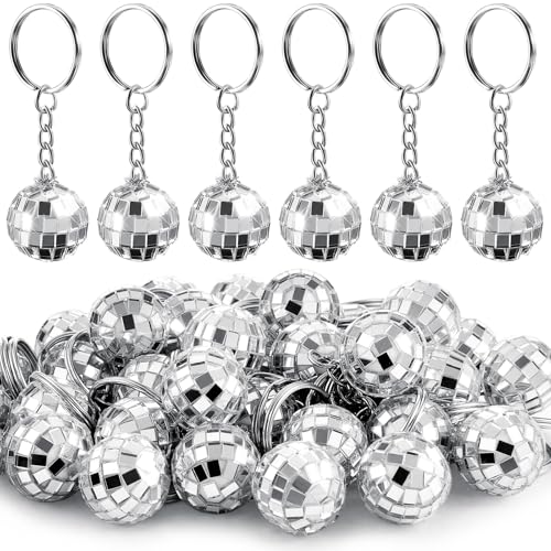 MTLEE 24 Pack Mini Mirror Disco Ball Keychain Last Disco Bachelorette Retro 60s 70s Keychain for Party Favors Set Cowgirl Supplies(Silver)