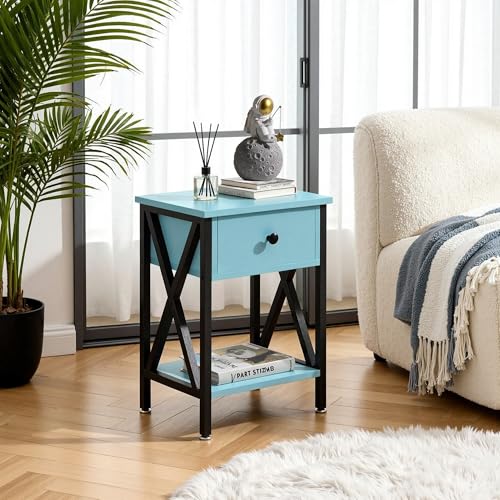 Image of VECELO Nightstand,Modern Bedside End Table, Night Stand with Drawer and Storage Shelf for Living Room Bedroom, Industrial Metal Frame