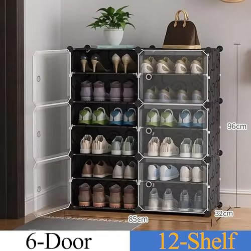 Image of AYSIS 𝟏𝟐 𝐒𝐡𝐞𝐥𝐟 DIY Shoe Rack Box Organizer | Multi-Purpose Plastic Shoe Rack for Home | Home Storage Shoe Rack with Door for Entryway, Chappal Slipper Sandals Shoe Stand【Black, 12-Shelf-6-Door】