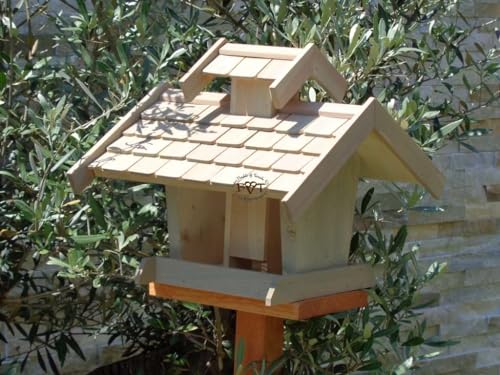 Vogelhäuser mit ständer BTV-VOVIL4-MS-grau002 Robustes, stabiles PREMIUM Vogelhaus KOMPLETT mit Ständer wetterfest lasiert, FUTTERHAUS für Vögel, WINTERFEST – MIT FUTTERSCHACHT Futtervorrat, Vogelfutter-Station Farbe grau hellgrau lichtgrau taupe / natur NEU, Ausführung Naturholz MIT TIEFEM WETTERSCHUTZ-DACH für trockenes Futter, Schreinerarbeit aus Vollholz - 3