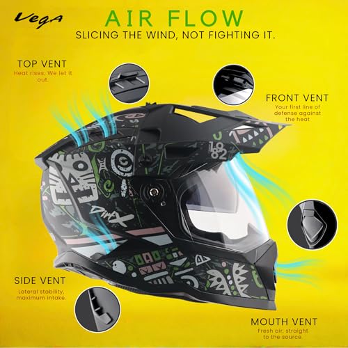 Image of Vega VF 11 Dirt-X Challenge Full Face Riding Helmet with Matte Shock Absorbing Shell, Aerodynamic Design, Ventilated Interior, Aggressive Racing Styling Dull Black Grey -M