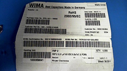 WIMA FKP2C021001G00JSSD CAPACITOR PP FILM 0.01UF, 63V, 5%, RADIAL (500 pieces)