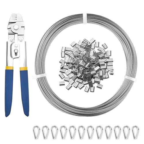 VEVOR 1/16 Wire Rope Kit, 66 FT Wire Rope Crimping Tool 304 Stainless Steel Cable, 160 Sleeves, 12 Thimbles, 7x7 Strands Construction Marine Aircraft Grade for Handrail Stair Decking Fence Outdoors