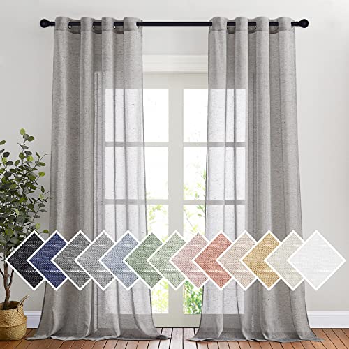 NICETOWN Sheer Curtains Flax Texture for Bedroom, Vintage Grommet Top Linen Textured Semitransparent Privacy Window Treatment Light Filter for Living Room, 52" W x 96" L, Set of 2, Charcoal Grey