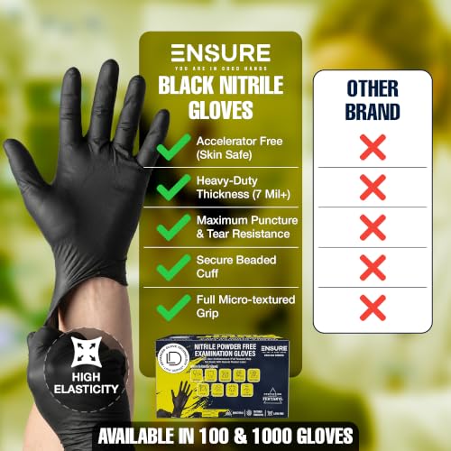 Image of Ensure Black Nitrile Gloves Heavy-Duty Texture Grip Low Derma Patented